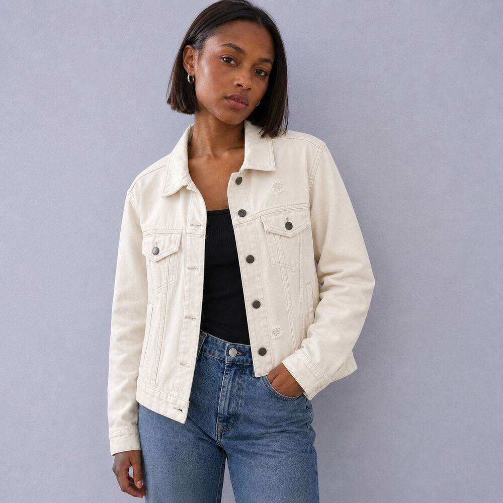 KUT from the Kloth Emmy Ecru Distressed Boyfriend Denim Jacket Small NWT